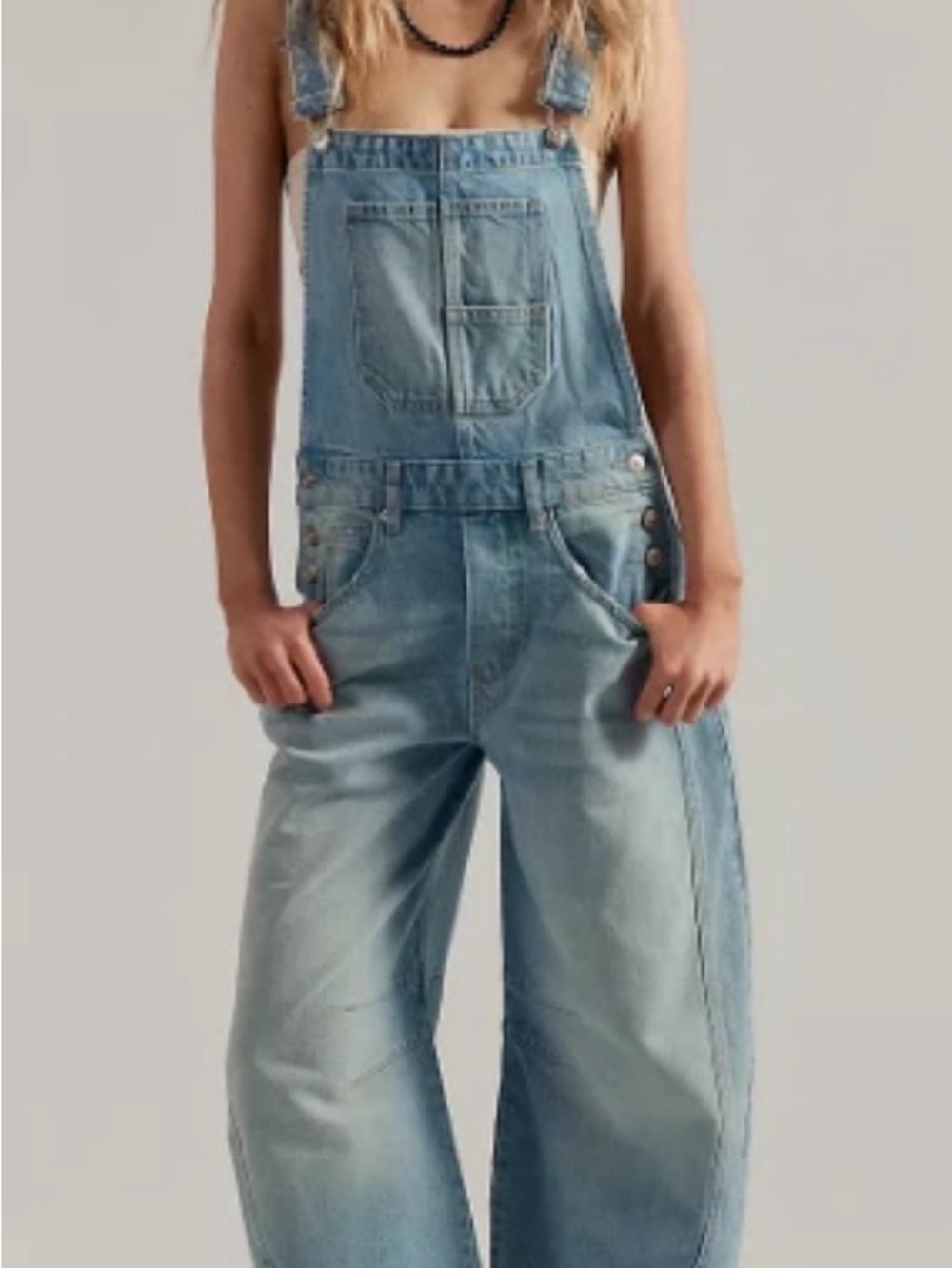 NWOT Free People We The Free Good Luck Barrel Overalls Kismet Light Wash